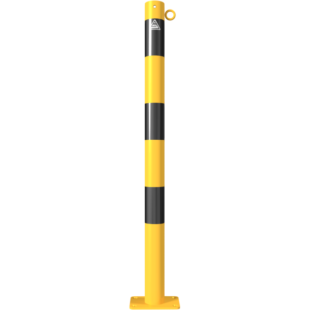 Barrier post | steel tube  60 x 2,5 mm | yellow / black | stationary, to be fixed by plugswith base plate 100 x 150 mm | with 1 eyelet